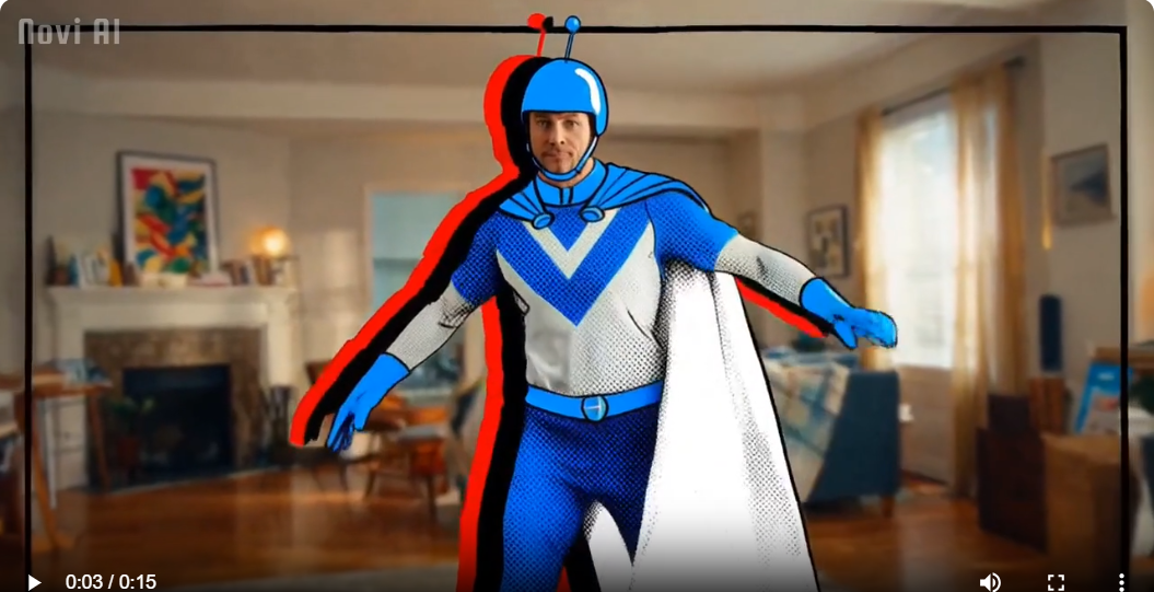 Frank, a comic-style caped superhero in a blue and white telecom uniform